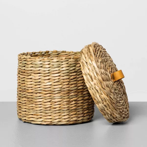 Recipiente tejido para almacenamiento de baño en color beige