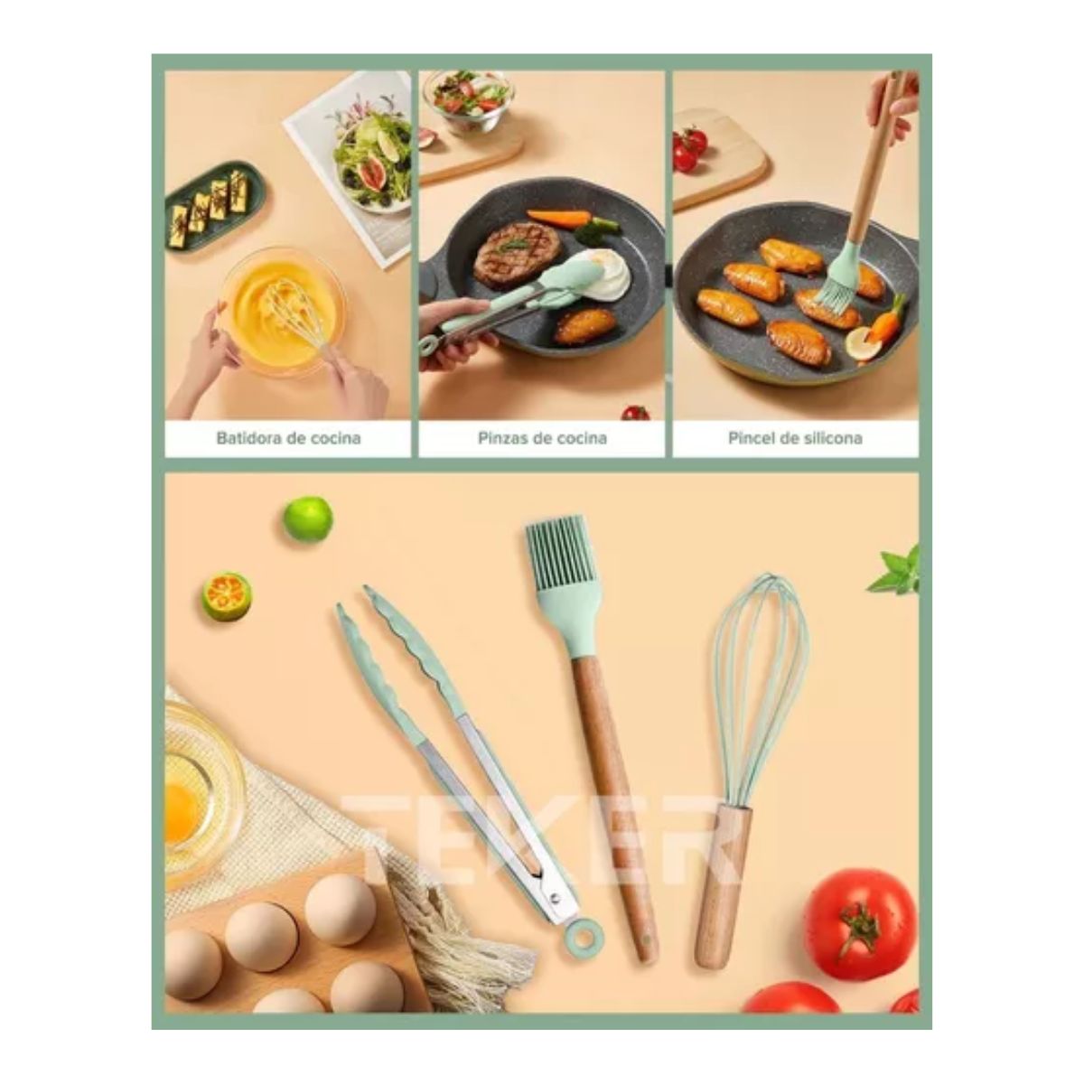Utensilios Silicona De Cocina Espatulas Brochas 12 Set Verde