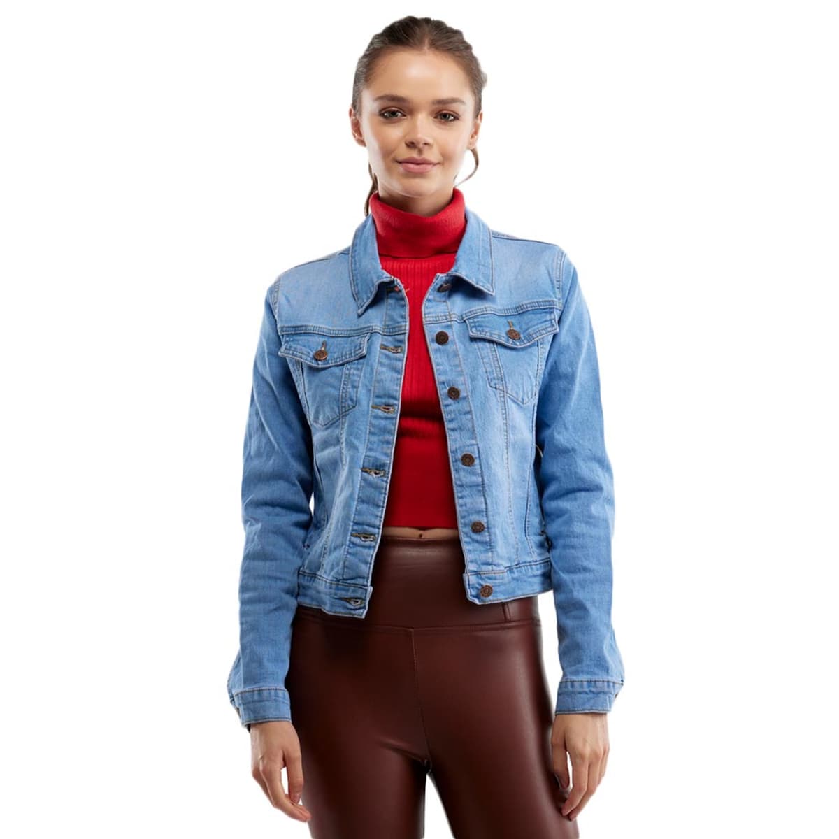 Chamarra marca Holly Land de mezclilla azul o denim para mujer