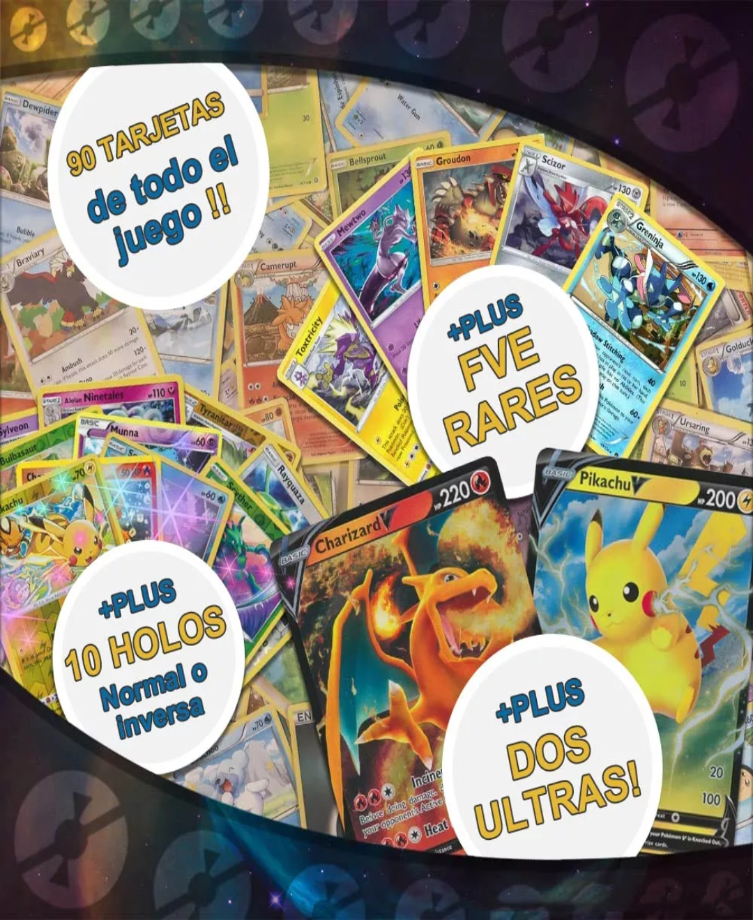 90 Tarjetas Juegos Cartas Pokémon Tcg Foil Español Y Carpeta