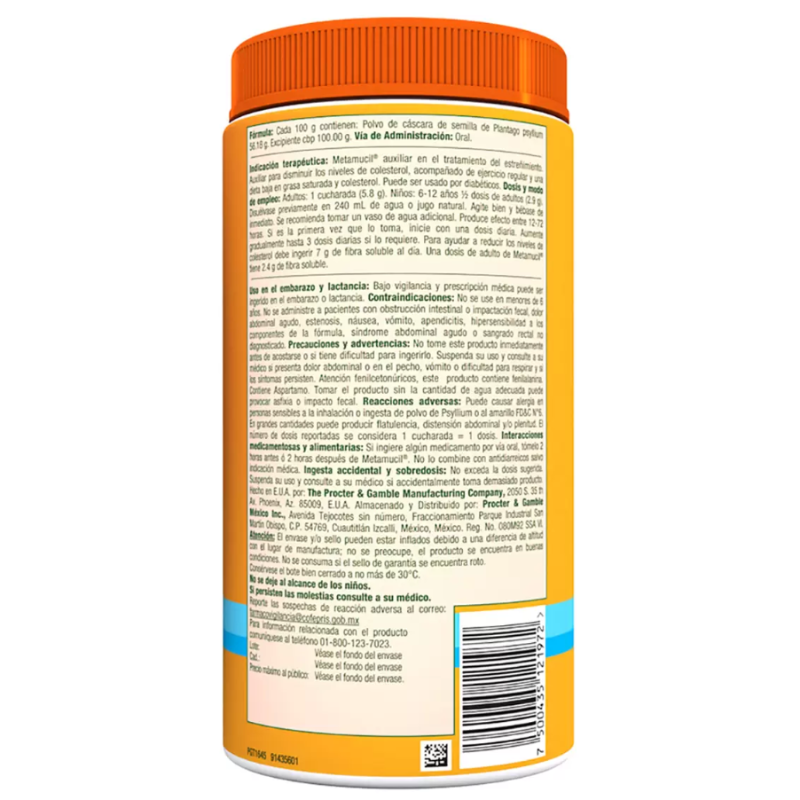 Metamucil Plantago Psyllium Sabor Naranja 660 gr.