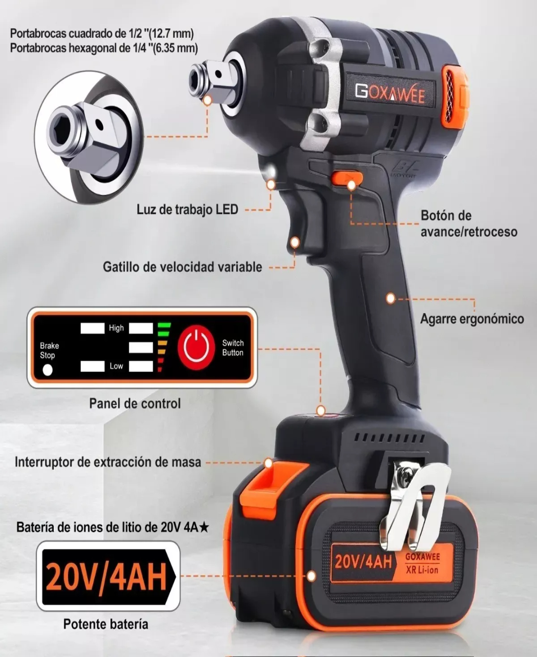 Llave De Impacto Goxawee Inalámbrica De 20v Con 2 Baterías
