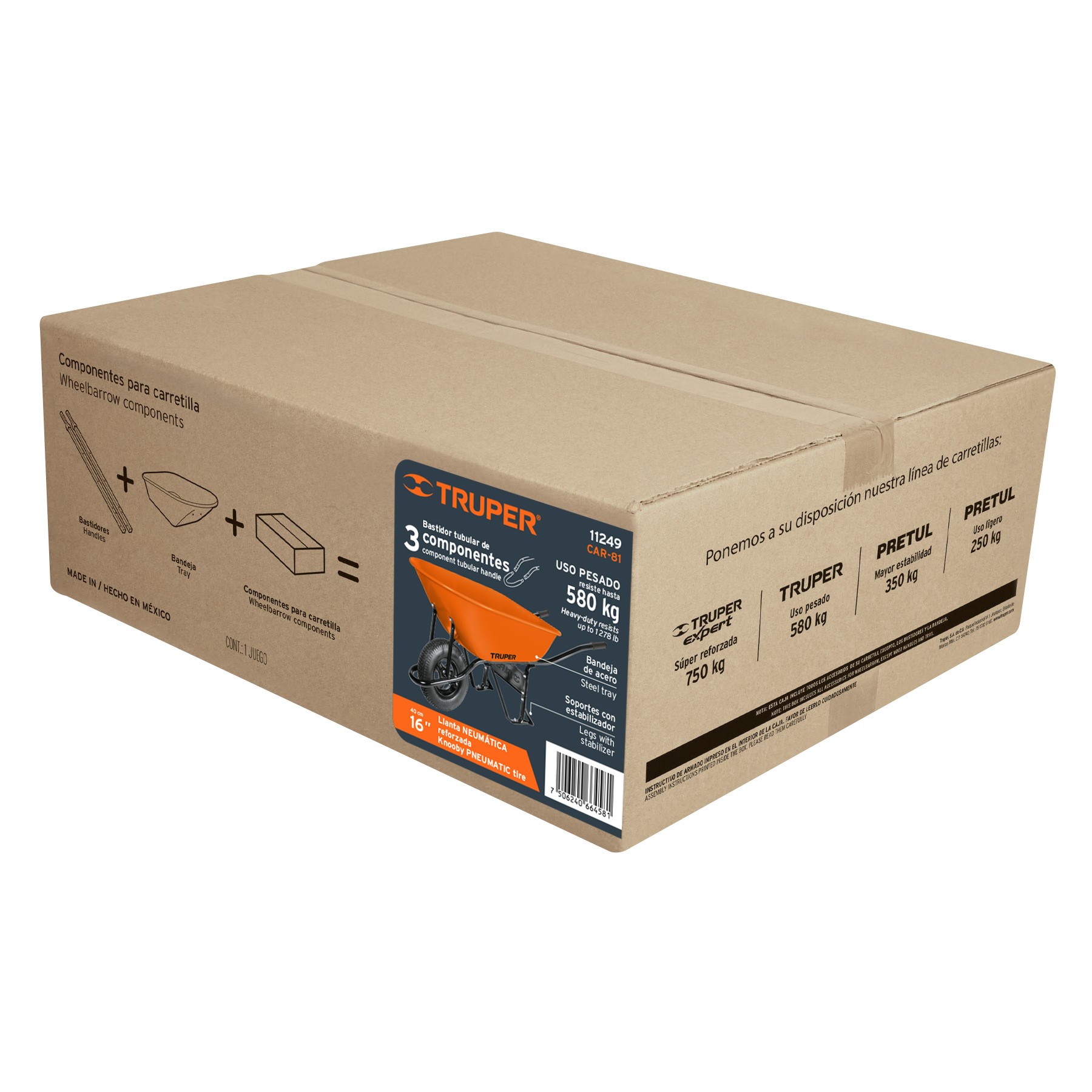CARRETILLA 8 FT3 NEUMÁTICA, BASTIDOR TUBULAR, TRUPER 11249