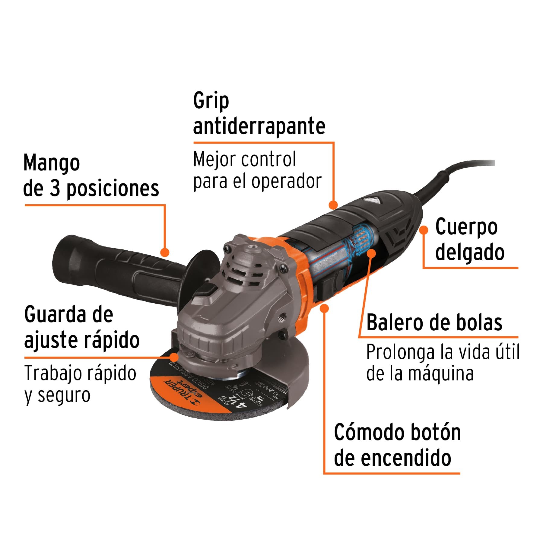 ESMERILADORA ANGULAR 4-1/2" 750 W, ERGO-PRO, TRUPER 13931