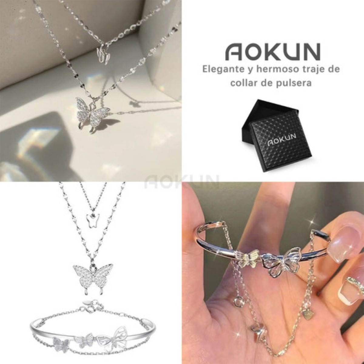 Collar De Cadena Doble Mariposas Brillantes Pulsera Mujer Plata 