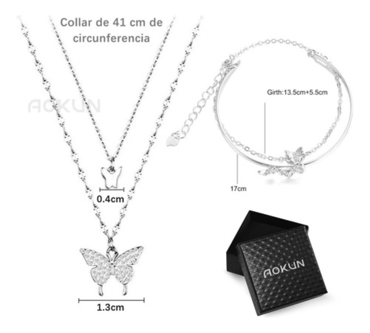 Collar De Cadena Doble Mariposas Brillantes Pulsera Mujer Plata 
