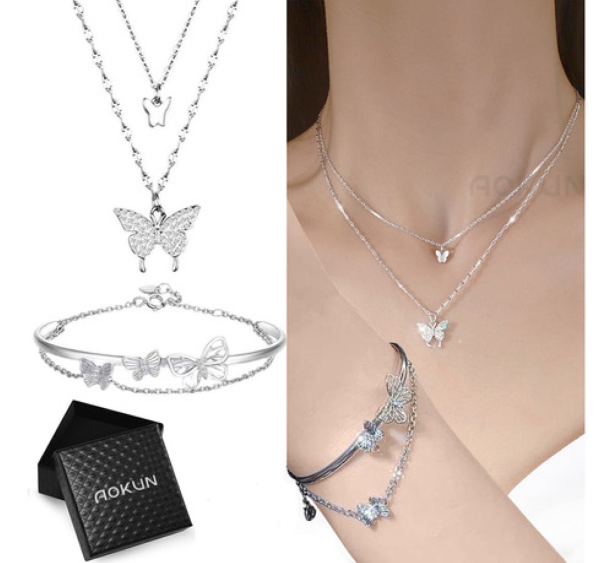 Collar De Cadena Doble Mariposas Brillantes Pulsera Mujer Plata 