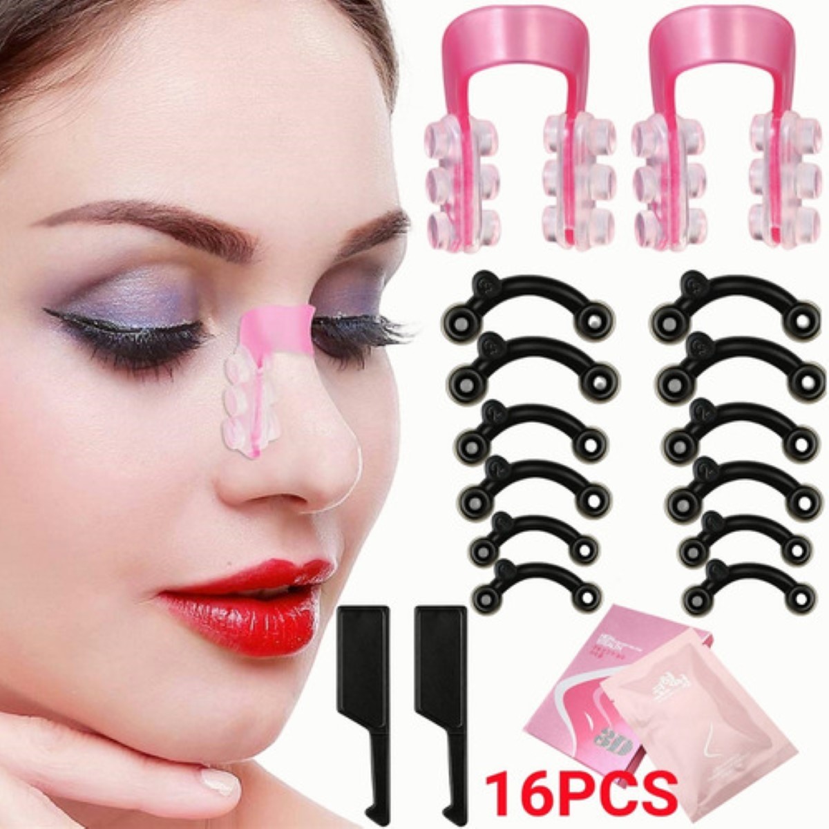 Respingadores De Nariz Corrector Nasal 6 Pares Y Clip Nariz Negro/Rosa 