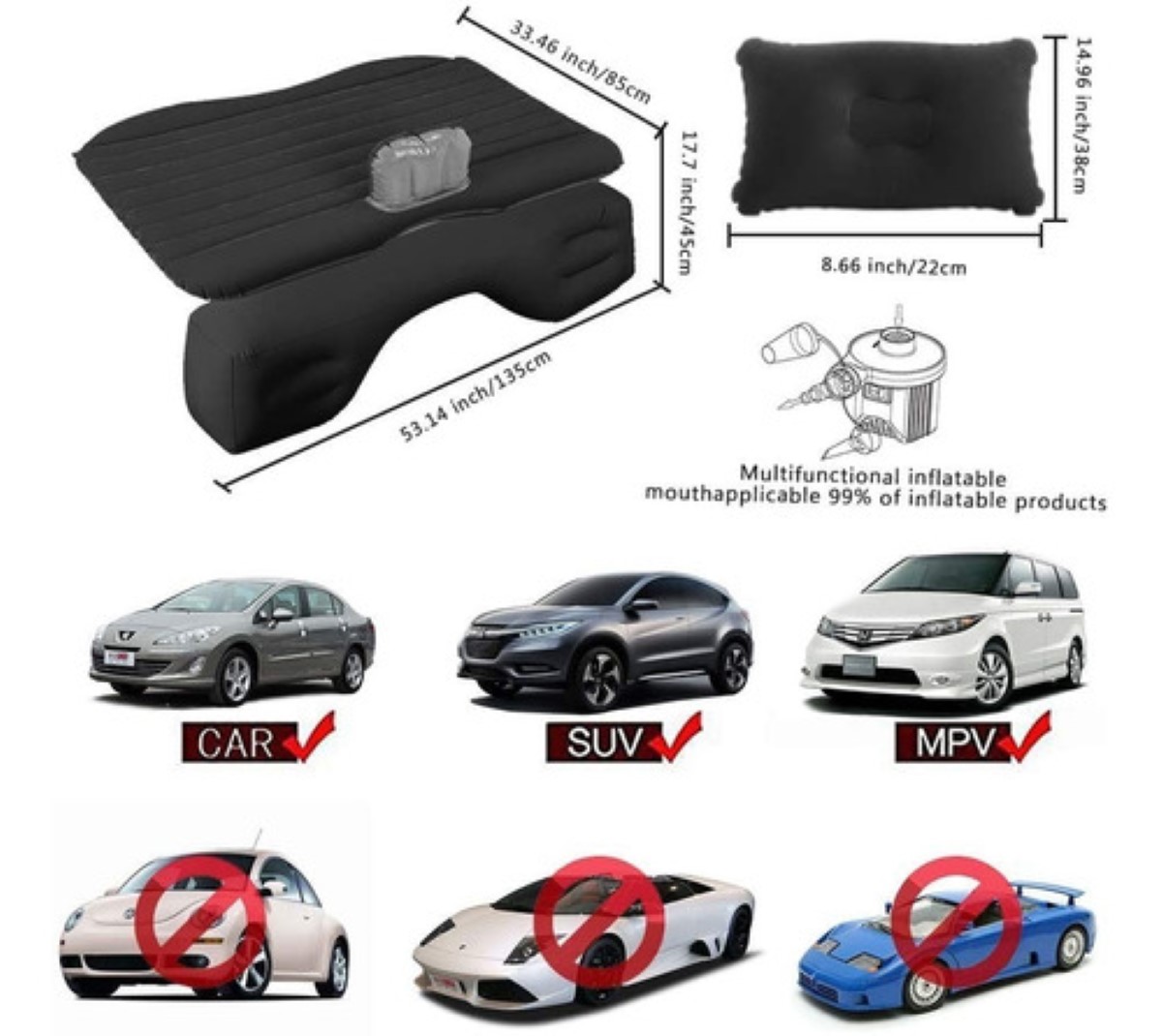 Cama Inflable Colchón De Auto Asiento Trasero + Bomba D Aire Negro