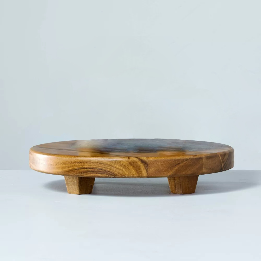 Soporte circular para servir de madera con patas cuadradas, color marrón