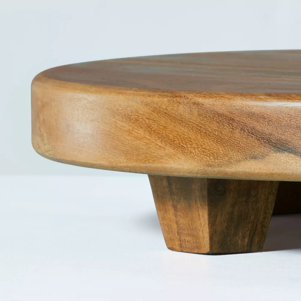 Soporte circular para servir de madera con patas cuadradas, color marrón