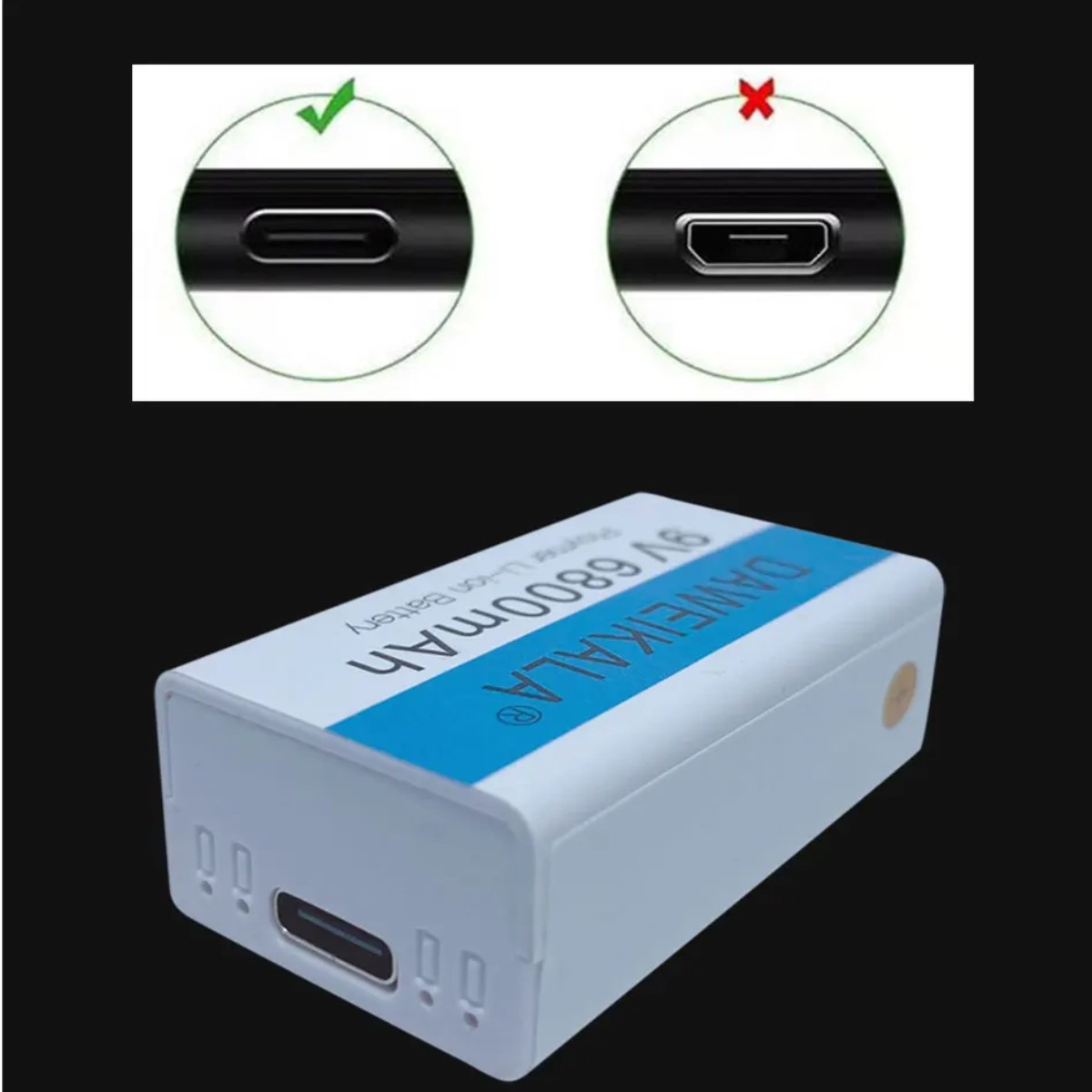 Batería recargable iones litio Pila 9V 6800mAh tipo C juguete electrónicos médicos USB azul blanco