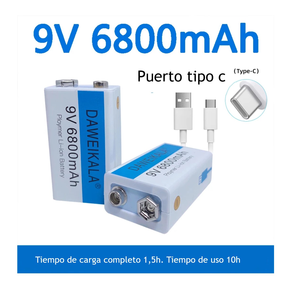 Batería recargable iones litio Pila 9V 6800mAh tipo C juguete electrónicos médicos USB azul blanco