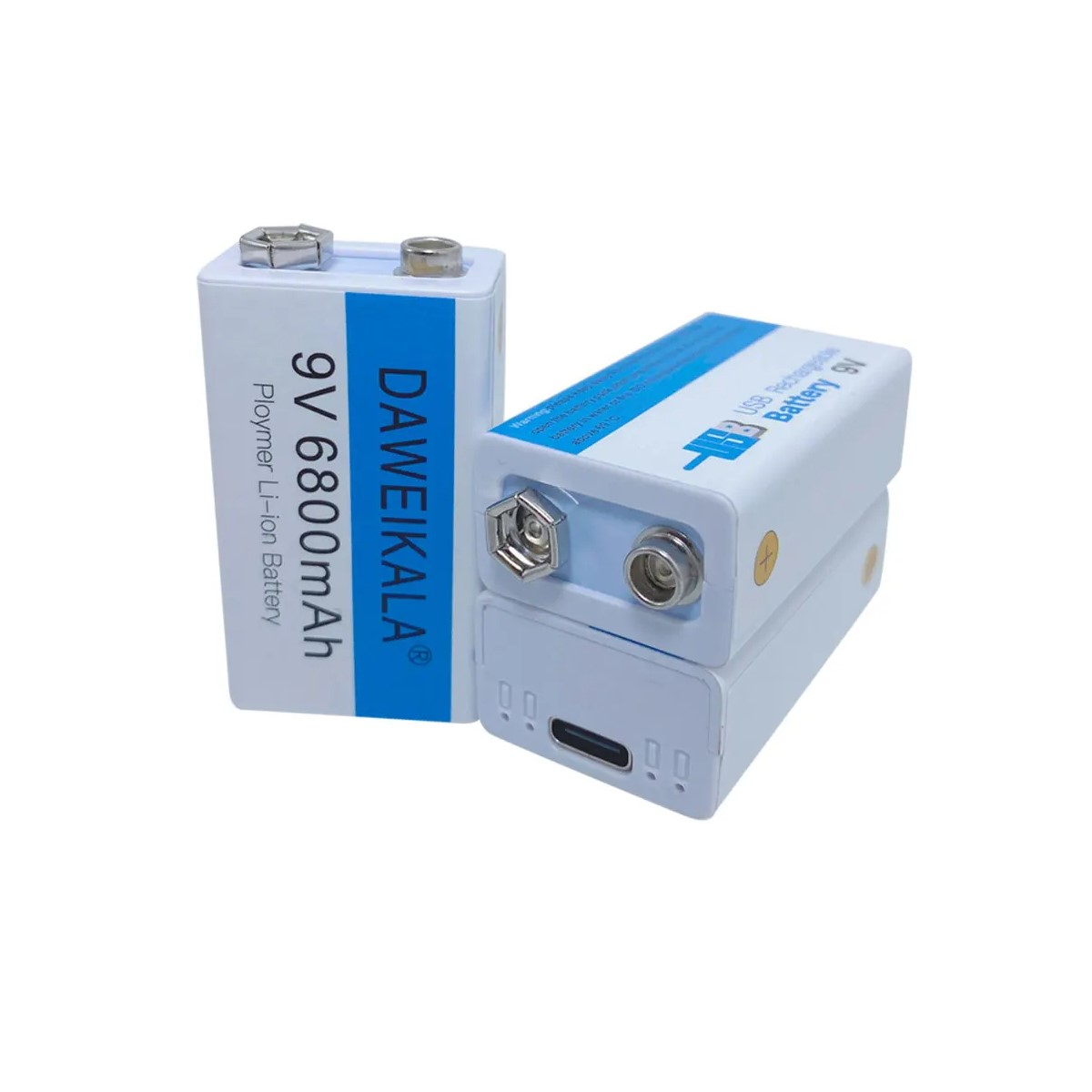 Batería recargable iones litio Pila 9V 6800mAh tipo C juguete electrónicos médicos USB azul blanco