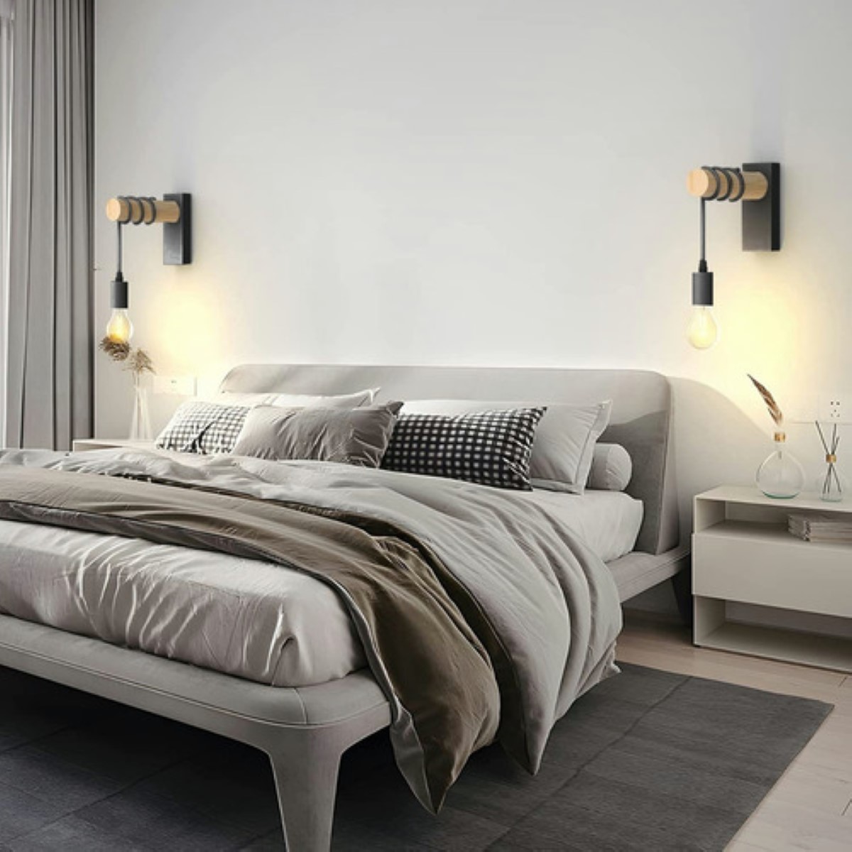 2 Lámpara De Pared Madera Interior/exterior Retro Luz Pared Negro