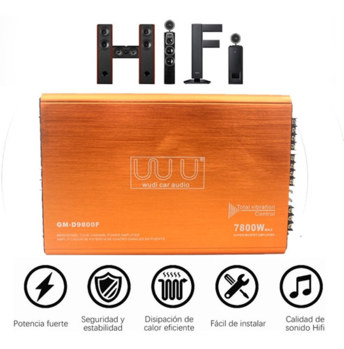 Amplificador De Audio De 7800w Y 4 Canales Para Auto Naranja