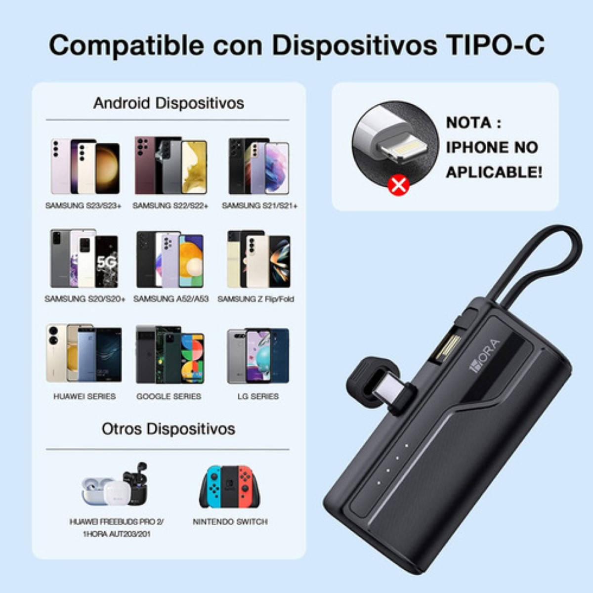Mini Power Bank 4500 mah Batería Portátil Salida Tipo C con 1 Cable USB Am Pila Cargador 1Hora GAR262