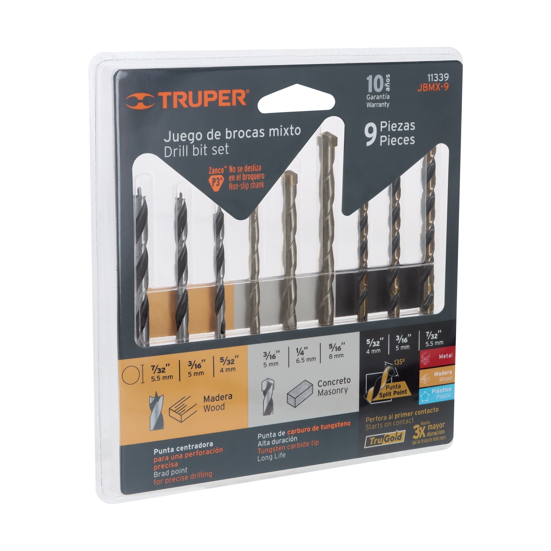 JUEGO DE 9 BROCAS PARA METAL, CONCRETO Y MADERA, TRUPER 11339