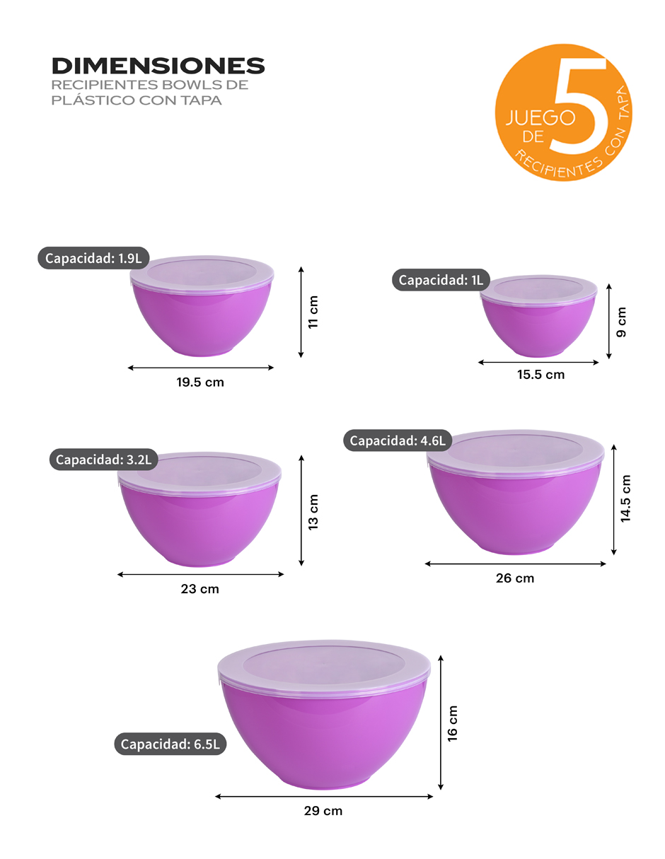 Set De 5 Recipientes Bowls De Plástico Con Tapa, Ag Box