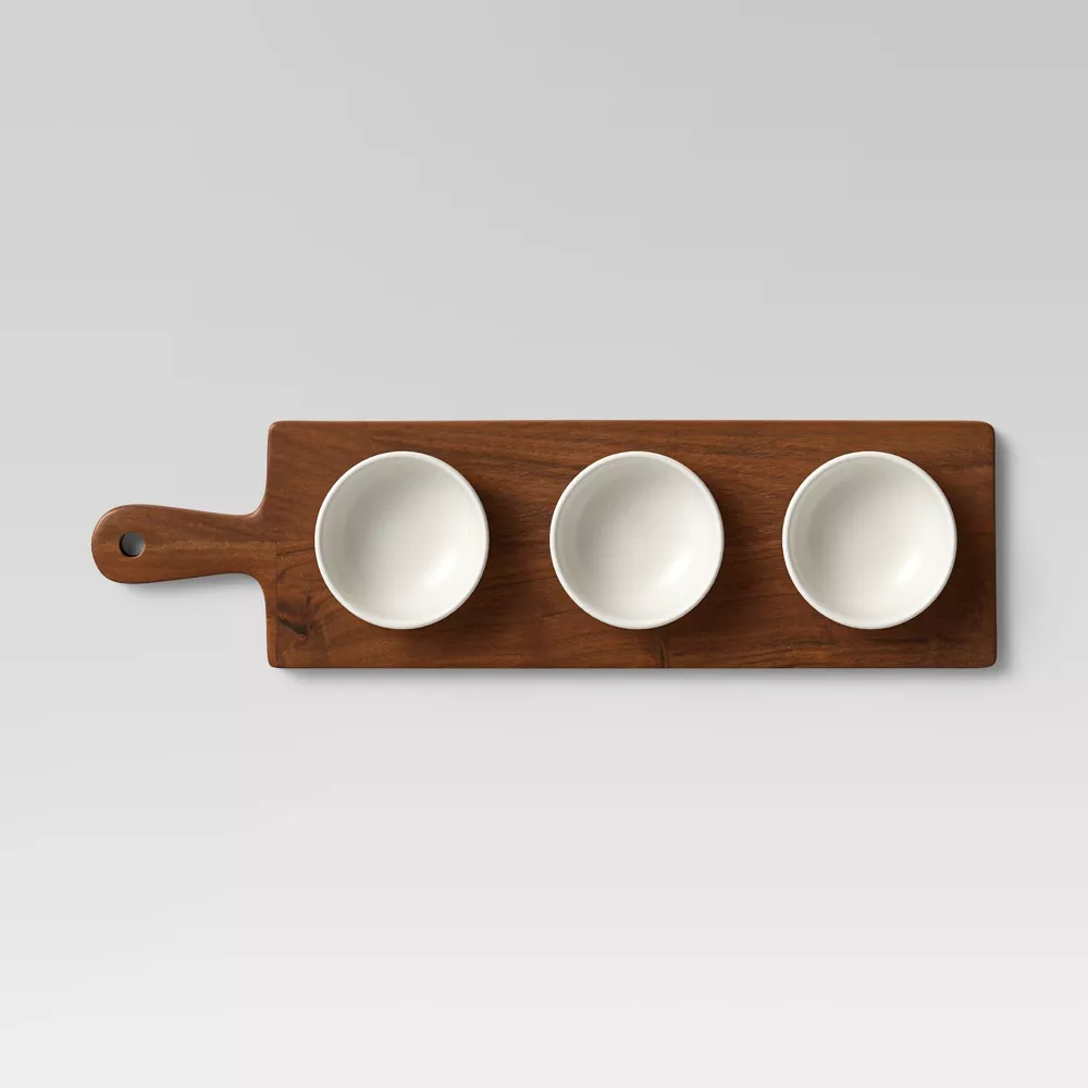 Set de 4 piezas, tabla de cortar de madera y 3 cuenco de cerámica