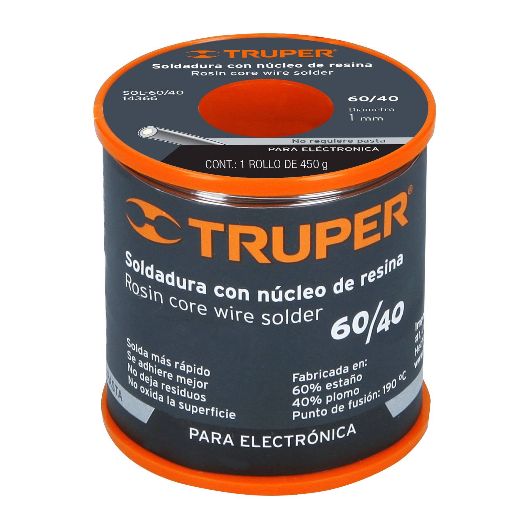 SOLDADURA CON NÚCLEO RESINA 60/40, PARA ELECTRÓNICA, 450 G 14366