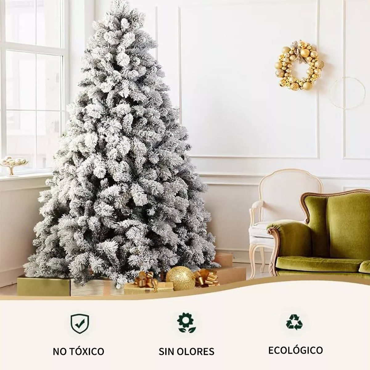 Árbol de Navidad Pino de Navidad Artificial Color Verde Nevado con Escarchado Copos de Nieve 1.83 m y 800 Ramas