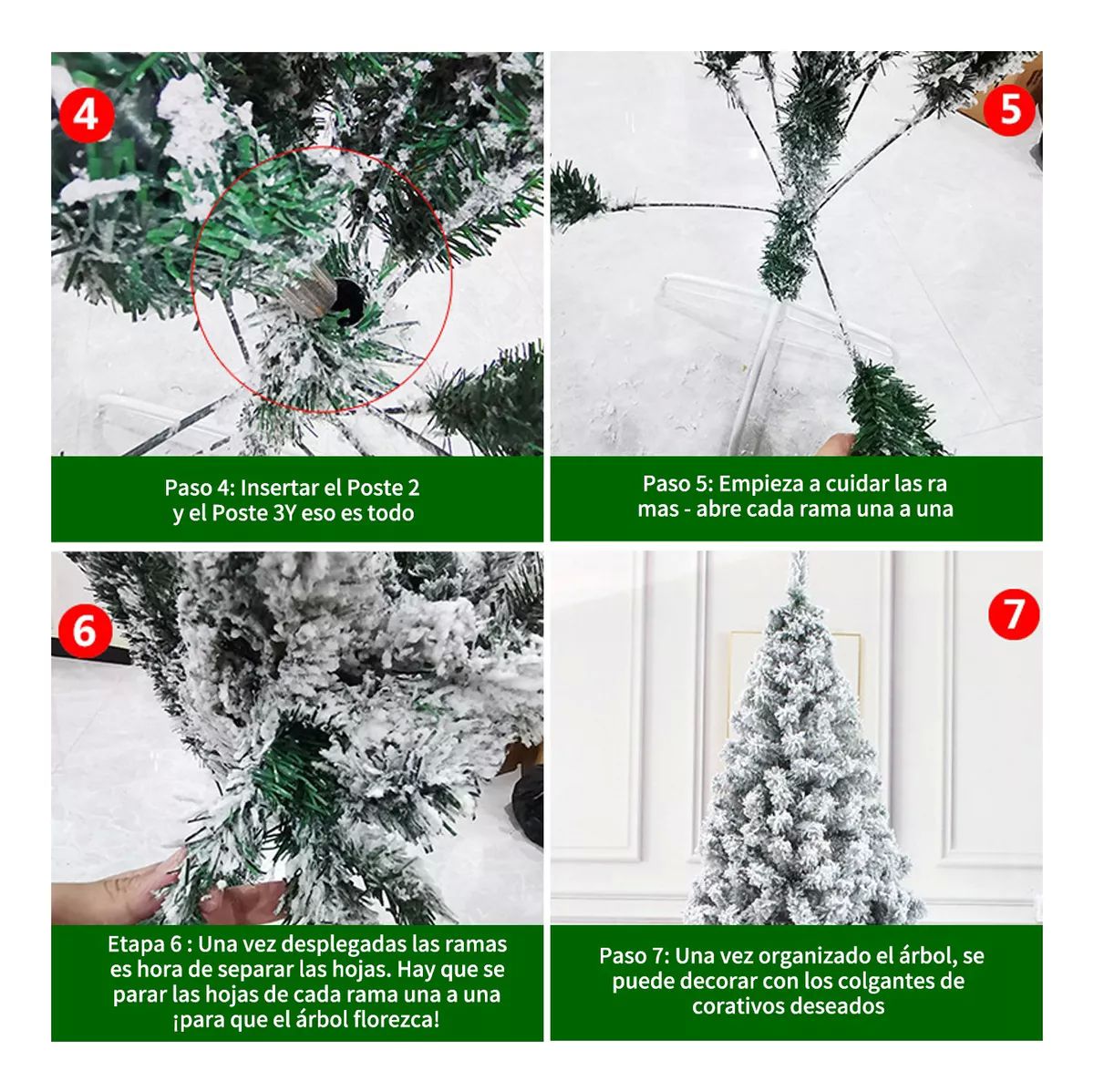 Árbol de Navidad Pino de Navidad Artificial Color Verde Nevado con Escarchado Copos de Nieve 1.83 m y 800 Ramas