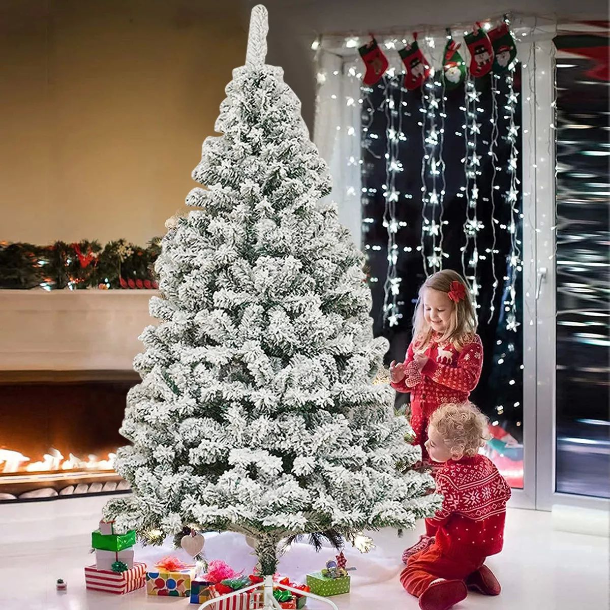 Árbol de Navidad Pino de Navidad Artificial Color Verde Nevado con Escarchado Copos de Nieve 1.83 m y 800 Ramas