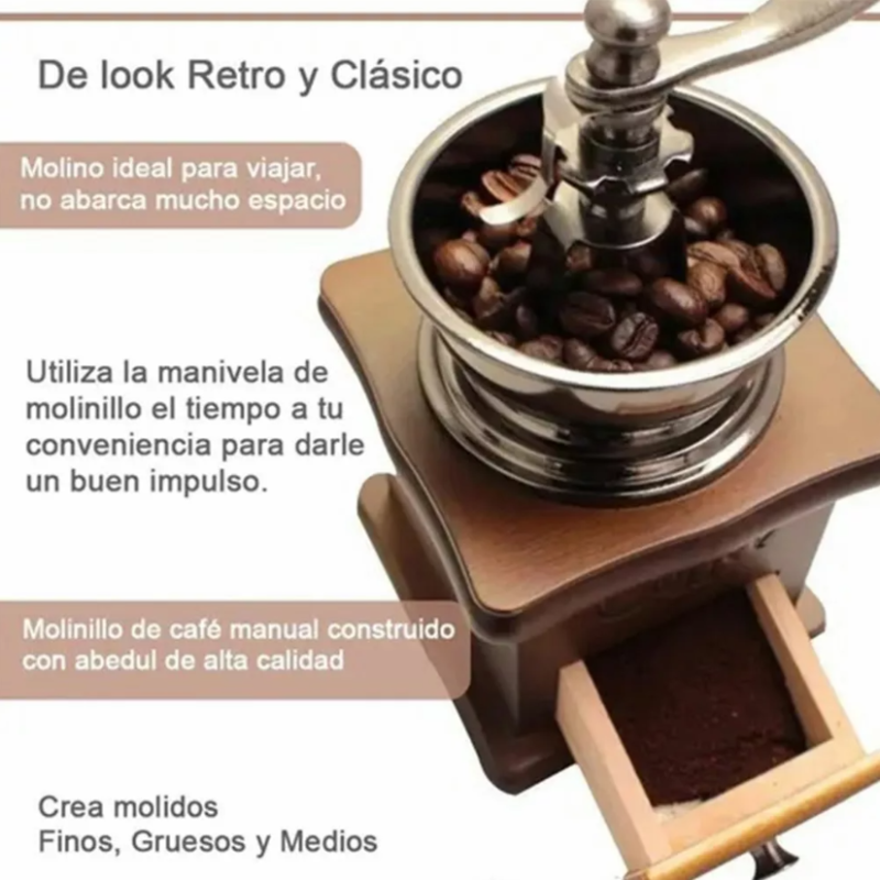 Molino De Café Manual Portátil De Madera Vintage Retro.