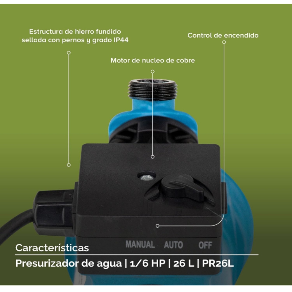 Bomba presurizadora de agua automática y manual 1/6 hp 26 lts 