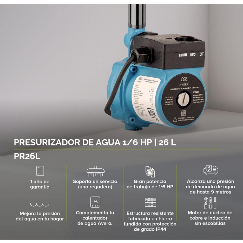 Bomba presurizadora de agua automática y manual 1/6 hp 26 lts 