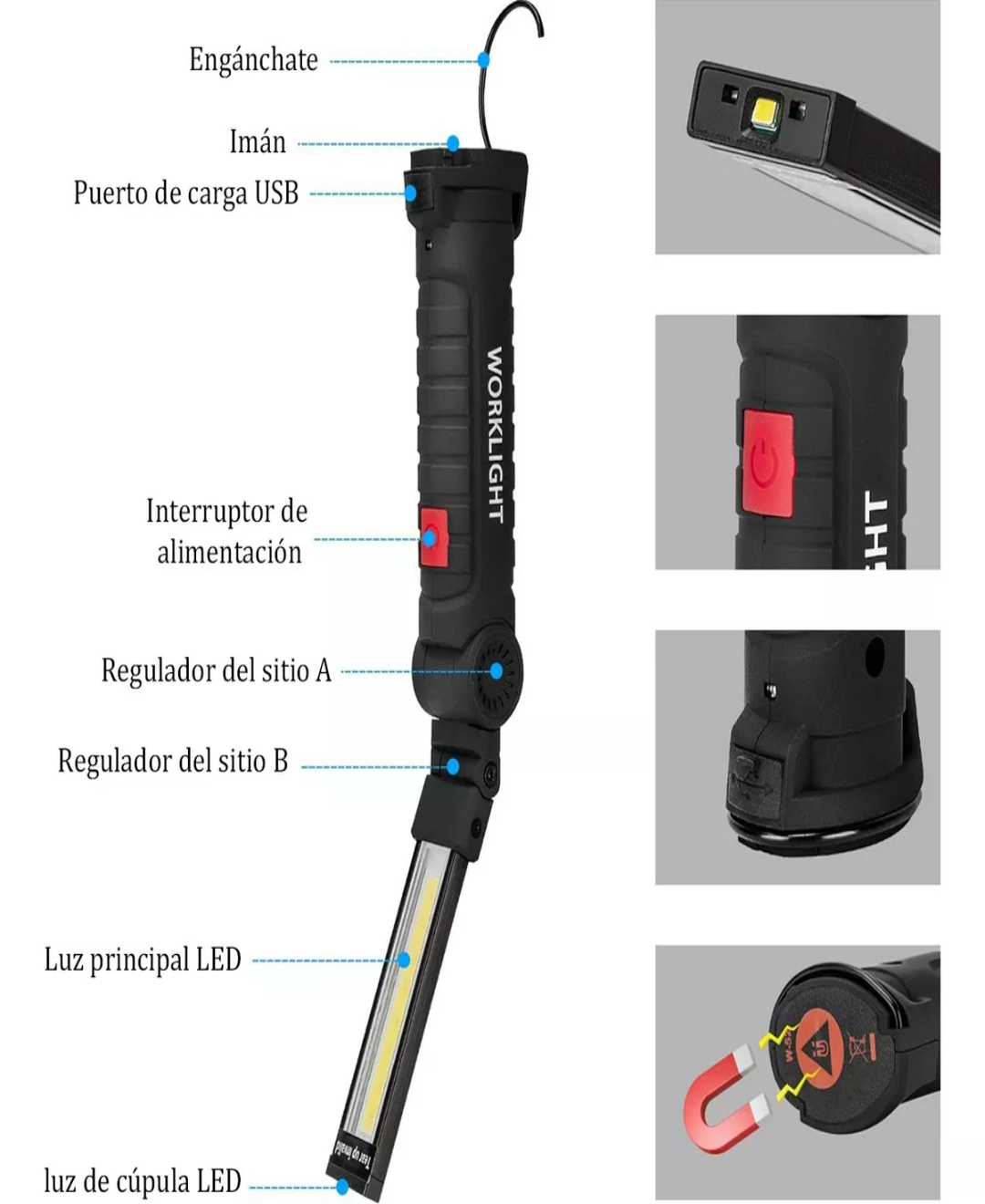 Lámpara Linterna Trabajo Inspección Recargable Usb Con Imán