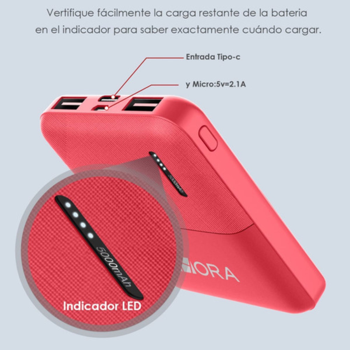 Mini Batería Portátil 5000mah con 2 Puertos de USB 20cm Cable Micro USB Rojo