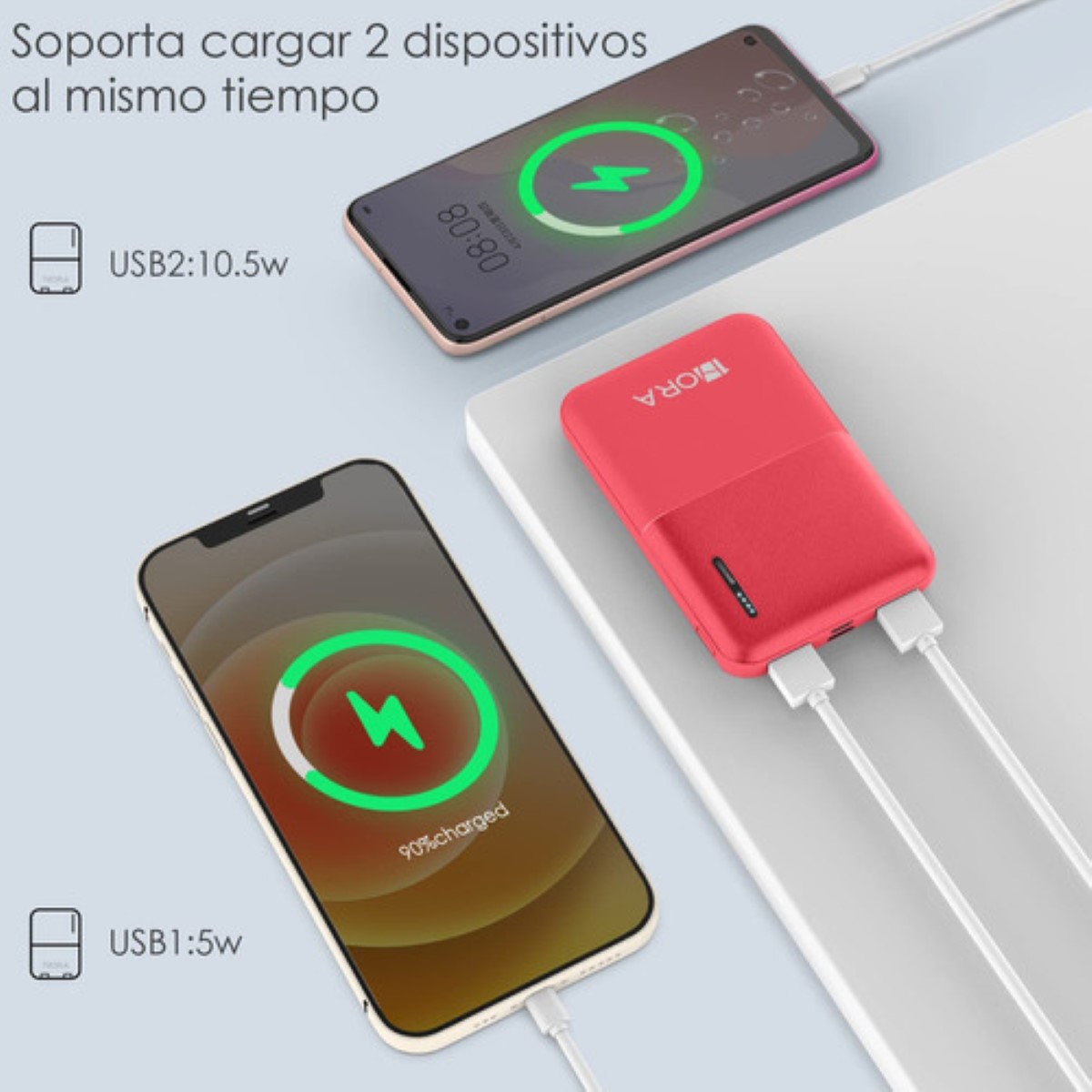 Mini Batería Portátil 5000mah con 2 Puertos de USB 20cm Cable Micro USB Rojo