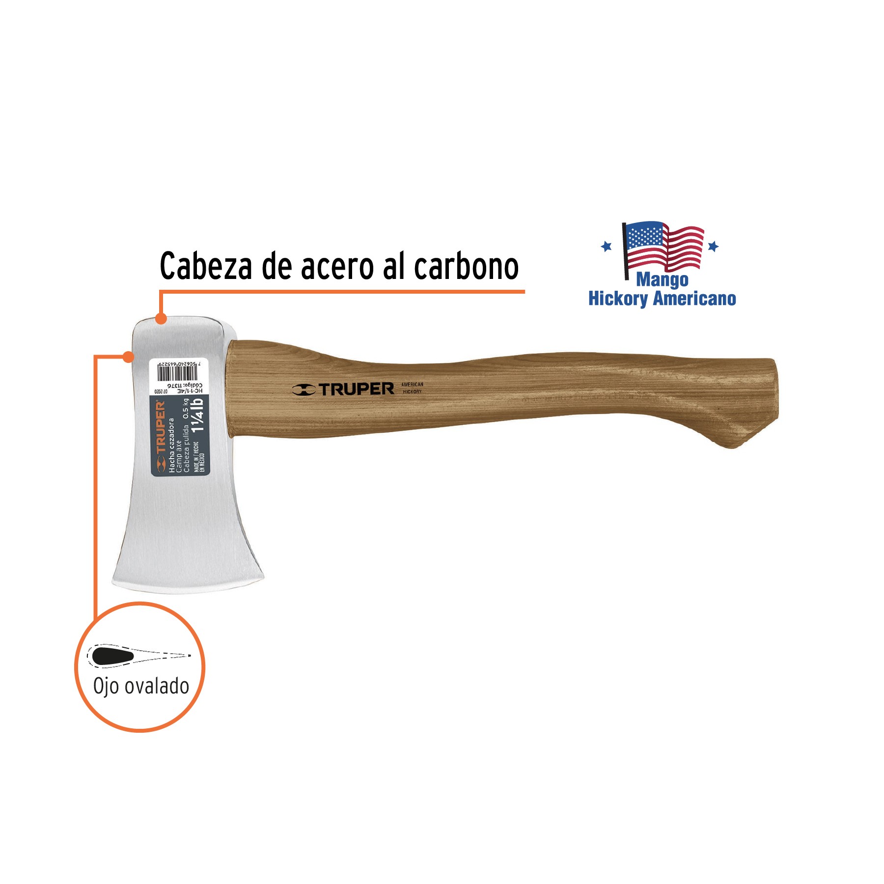 HACHA CAZADORA, 1-1/4 LB, MANGO HICKORY 14", CABEZA PULIDA TRUPER 11376