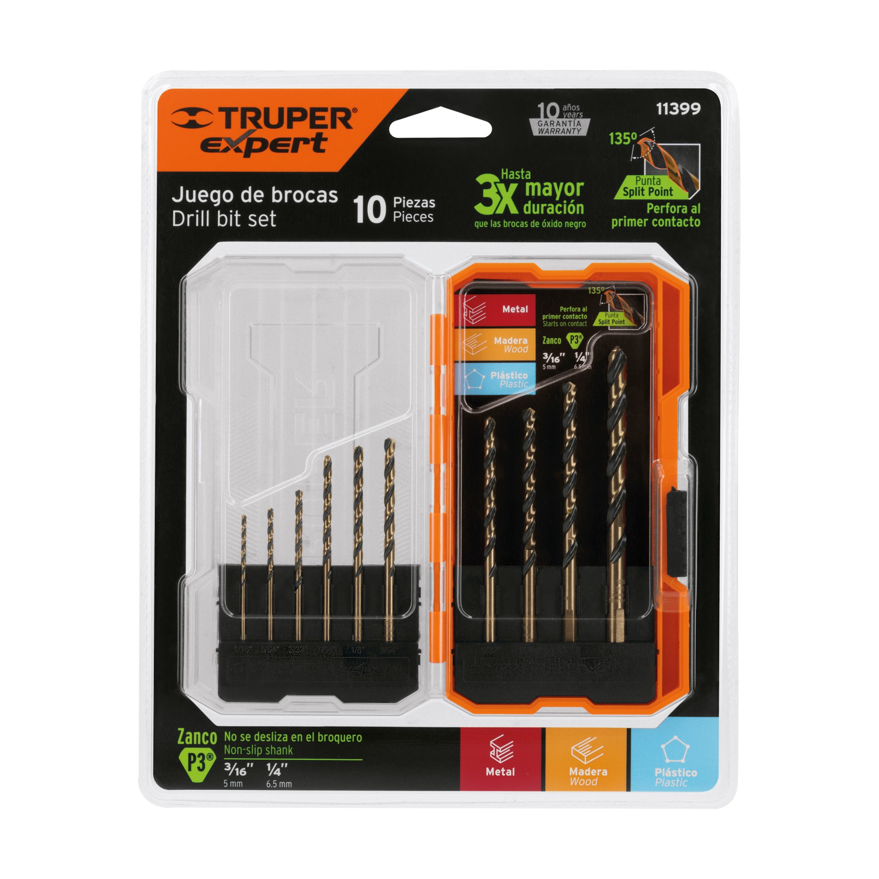 JUEGO DE 10 BROCAS HSS PARA METAL EN ESTUCHE, TRUPER EXPERT 11399