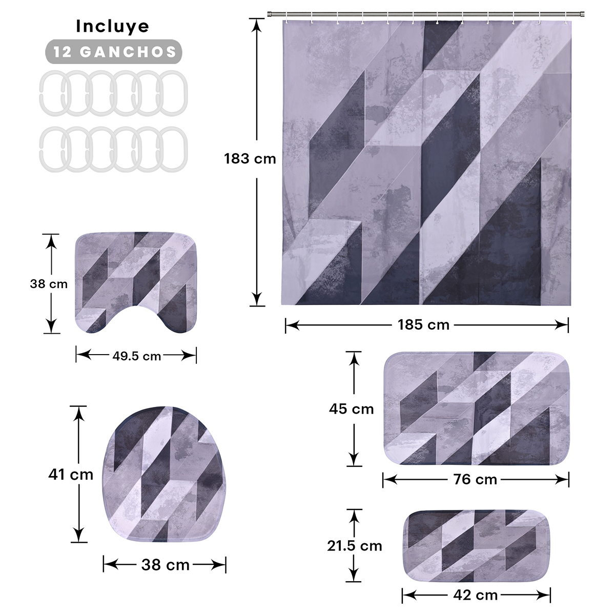 AGBOX Juego Para Baño Premium Estandar 5 Piezas, Rombos Blanco y Negro .