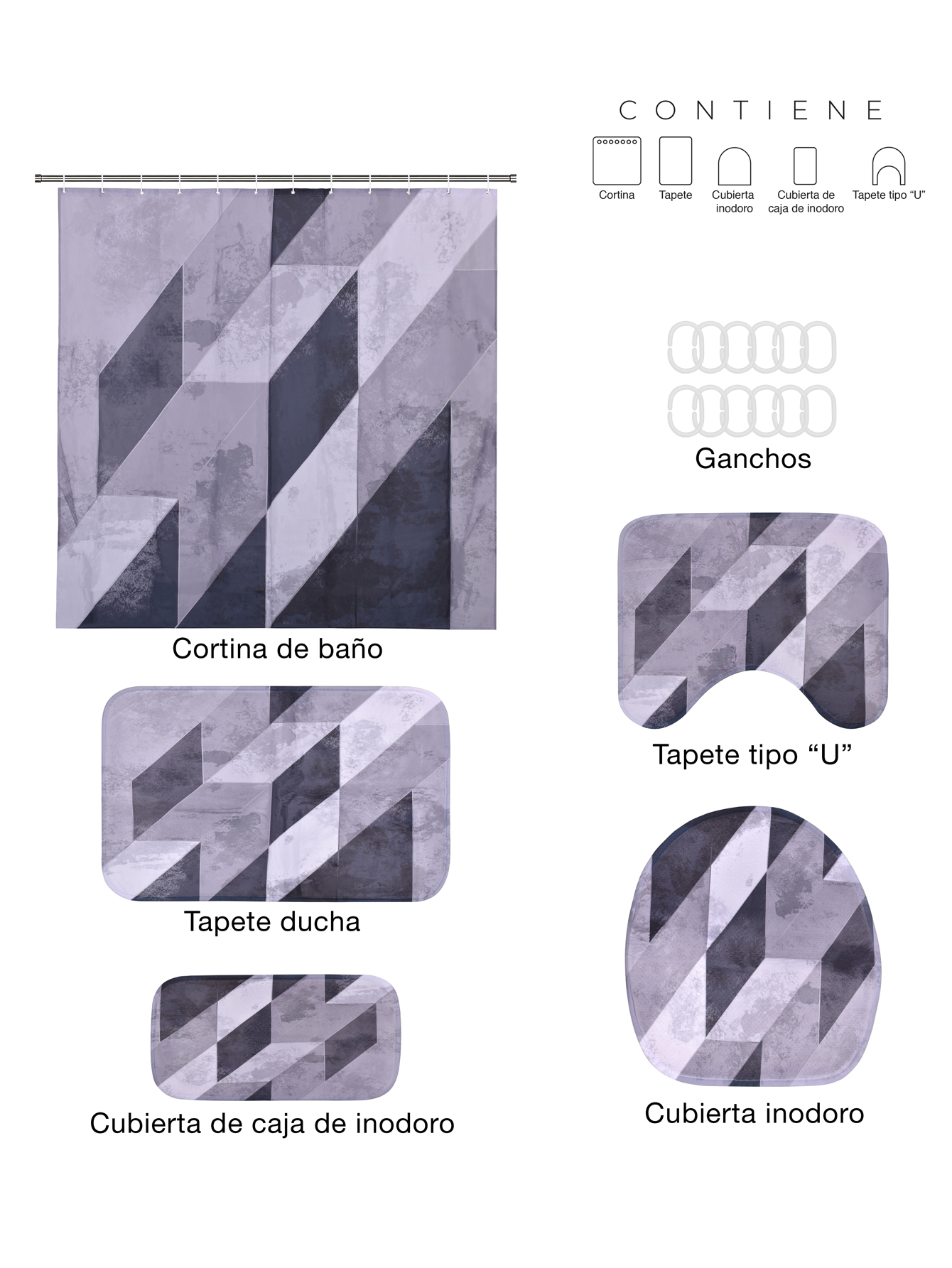 AGBOX Juego Para Baño Premium Estandar 5 Piezas, Rombos Blanco y Negro .