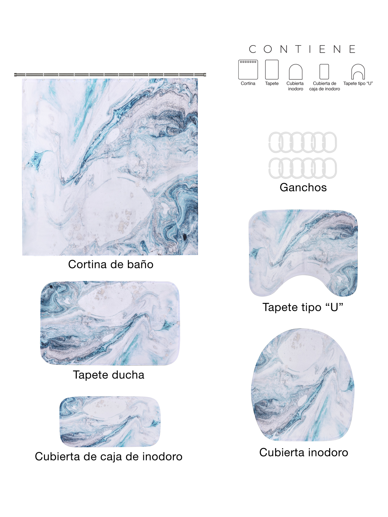 Juego Para Baño Premium Estandar 5 Piezas, Ag Box, Mármol Azul y Blanco 