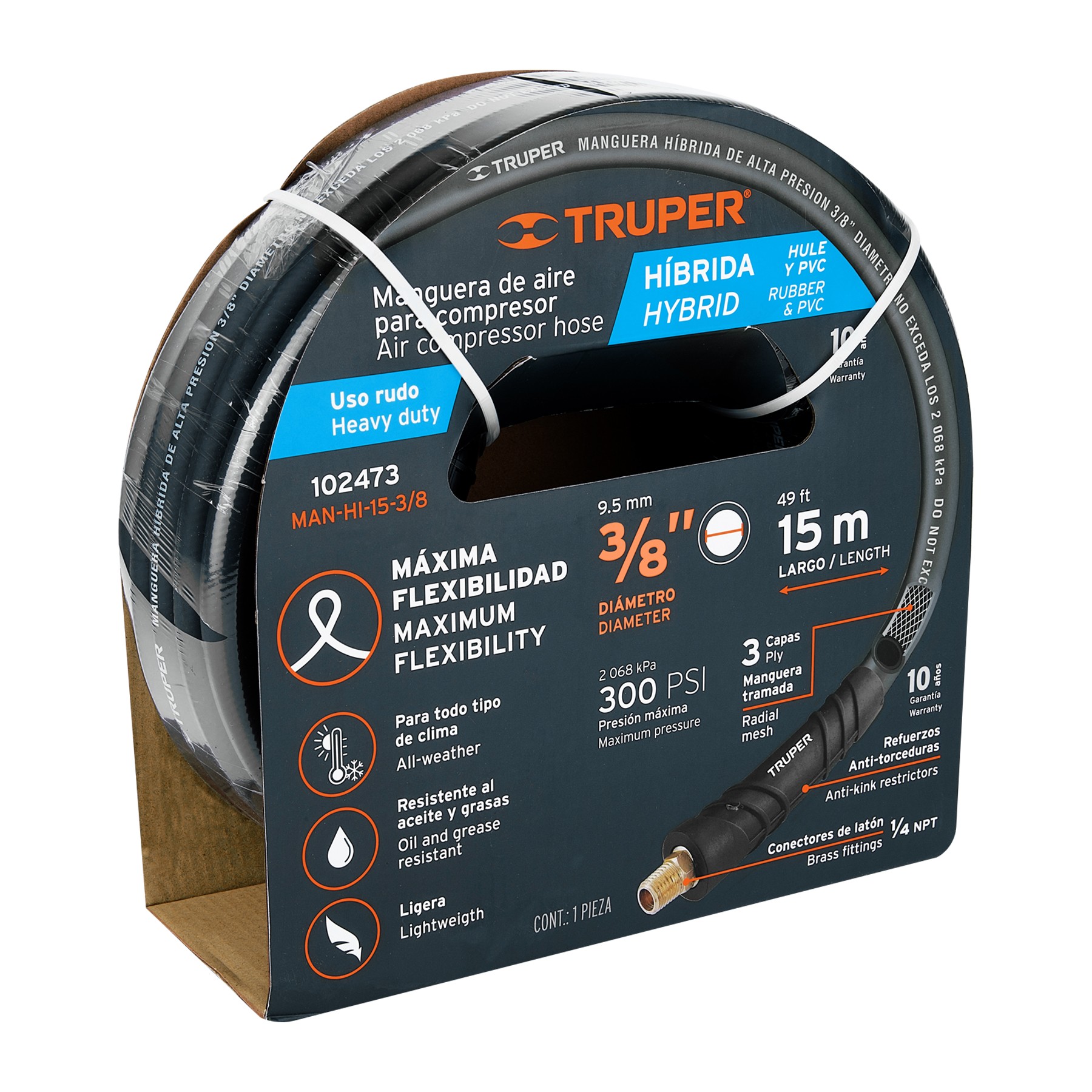MANGUERA HÍBRIDA PARA COMPRESOR, 15 M X 3/8", TRUPER 102473