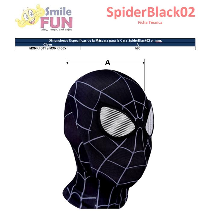 Día de Muertos Disfraz MXRKI-005-4 5Pzas 59cm Diámetro Poliéster Negro Máscara Spiderman, SpiderBlack02