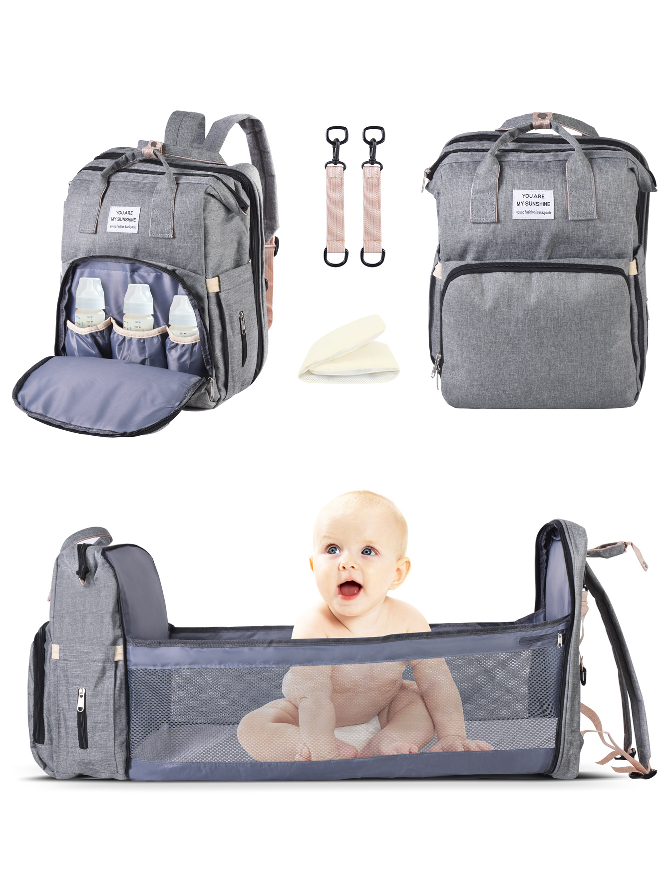 AGBOX Mochila Pañalera Cambiador Portátil De Viaje Para Bebé Gris.