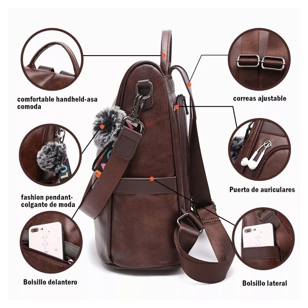 Mochila mujer anti robo Marron Oscuro Chocolate