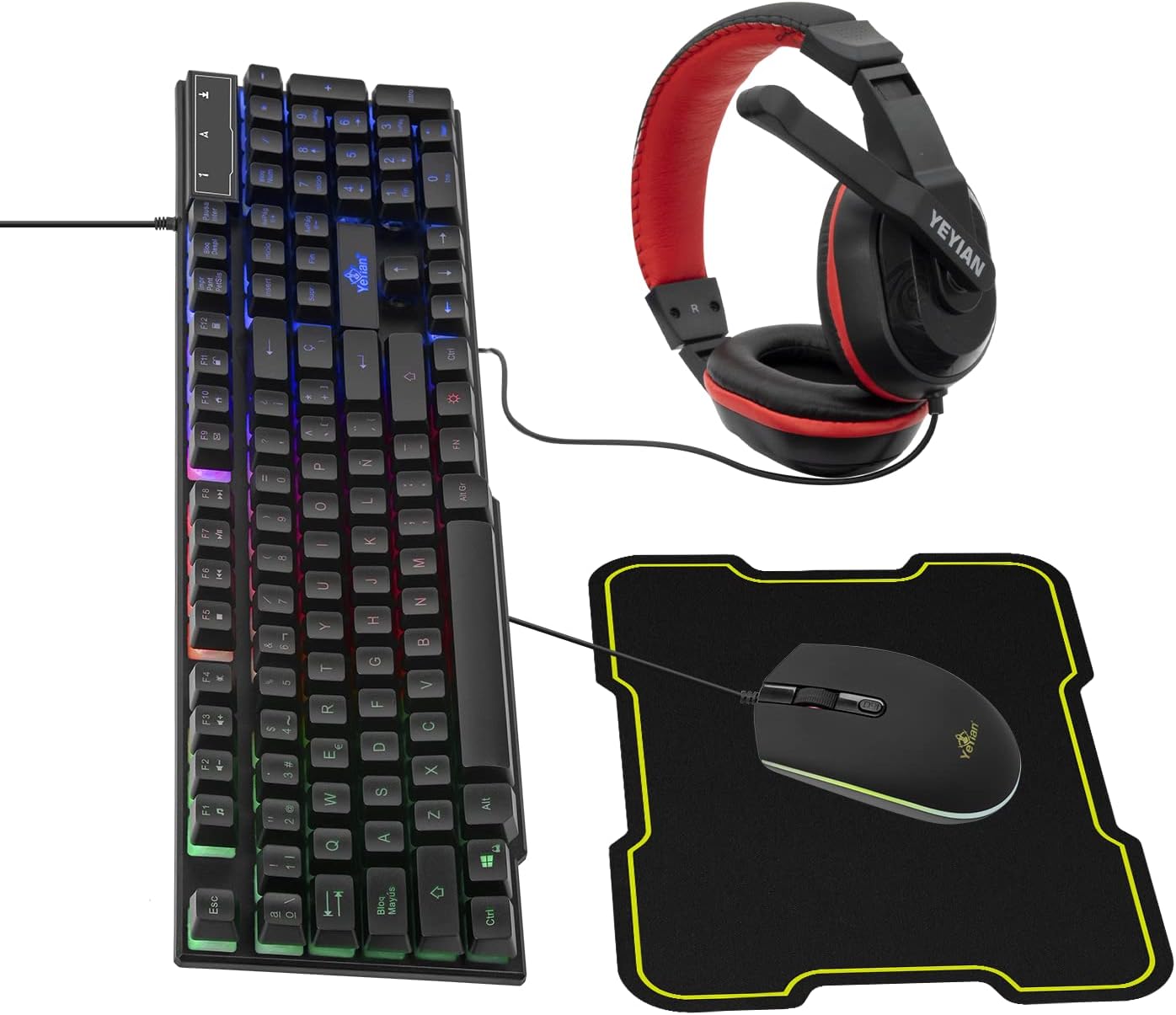 Kit Teclado y Mouse Gamer YEYIAN Hydra 2001, 104 Teclas, 2400 Dpi, Retroiluminación LED, Diadema Gamer, Mouse Pad Tela/Caucho