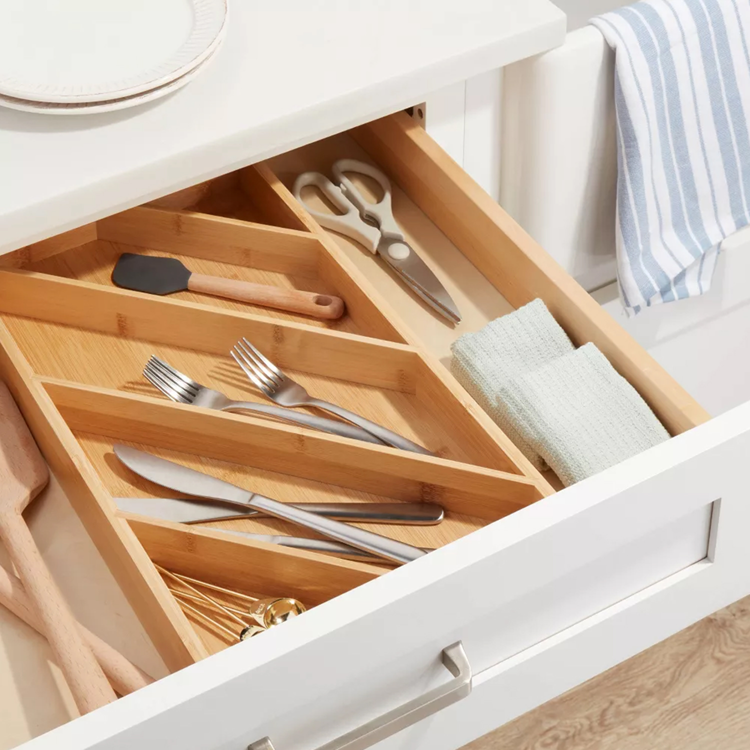 Organizador de 5 compartimientos de Bambú, Almacenamiento de Utensilios de Cocina, Herramientas o Dispositivos.