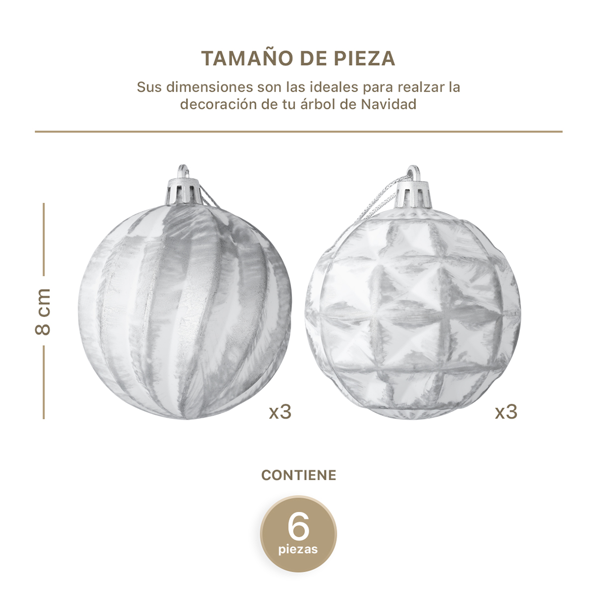 Set con 6 Esferas Decoración Navideña 8 cm Adornos para Árbol de Navidad (Blanca - Plateado) ESQUIMAL.