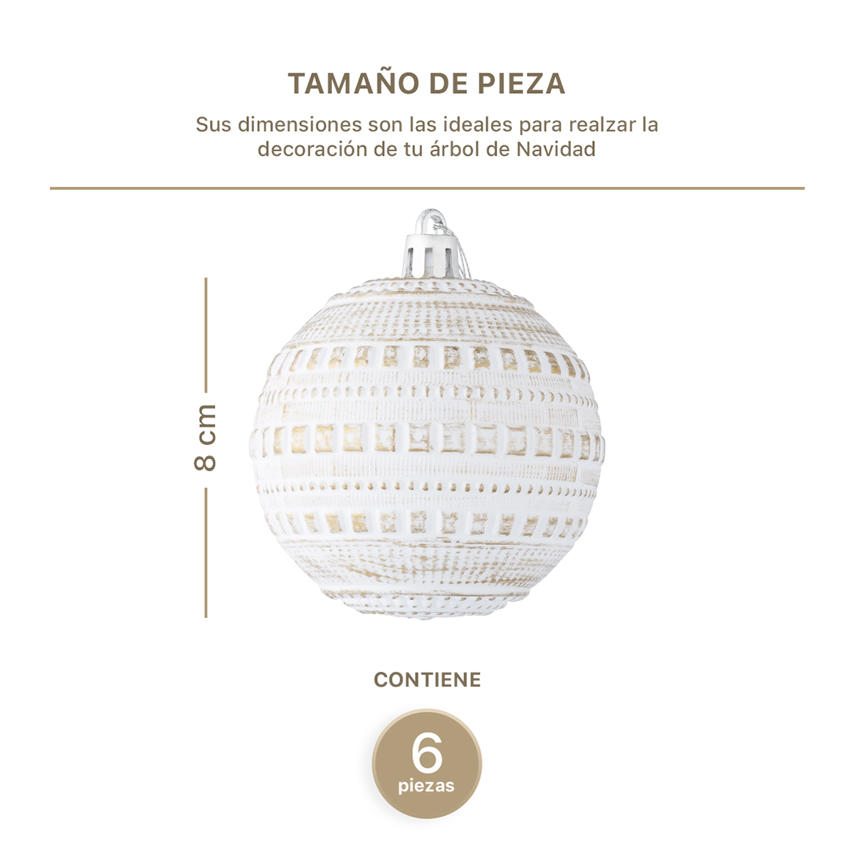Set con 6 Esferas Decoración Navideña 8 cm Adornos para Árbol de Navidad (Blanca - Dorado) ESQUIMAL.