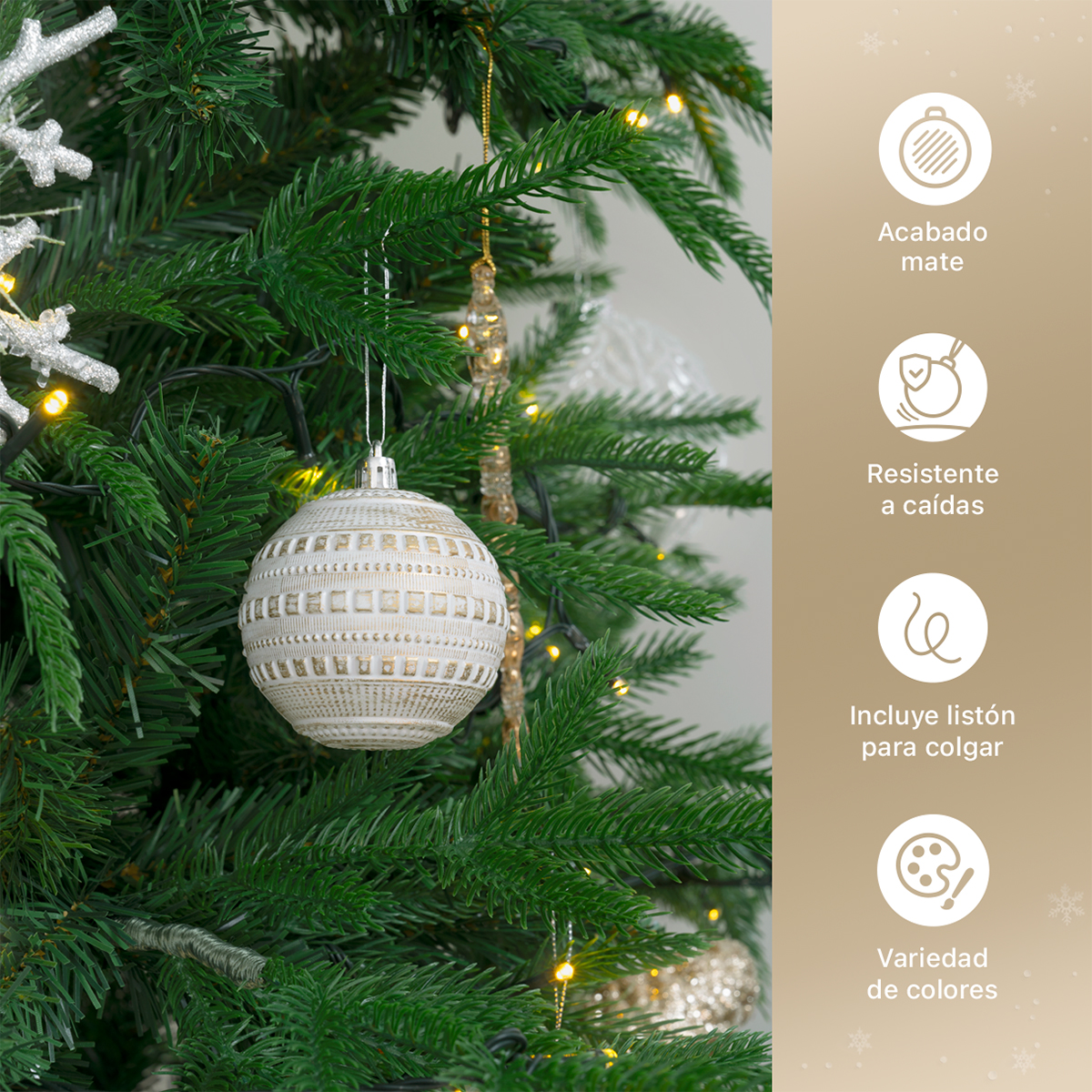 Set con 6 Esferas Decoración Navideña 8 cm Adornos para Árbol de Navidad (Blanca - Dorado) ESQUIMAL.