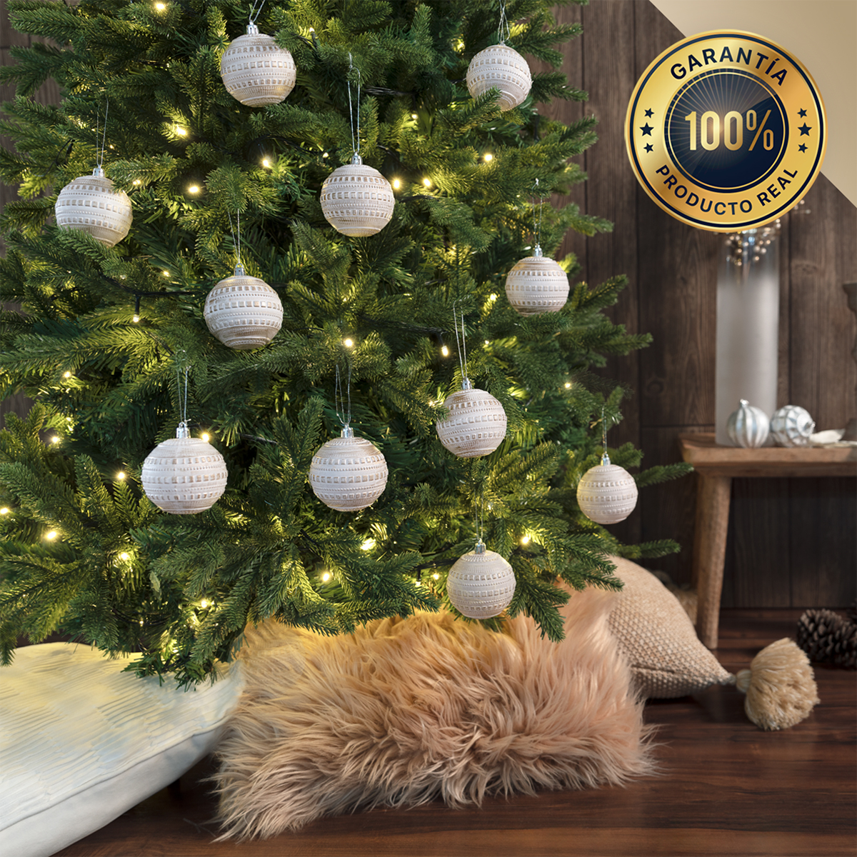 Set con 6 Esferas Decoración Navideña 8 cm Adornos para Árbol de Navidad (Blanca - Dorado) ESQUIMAL.