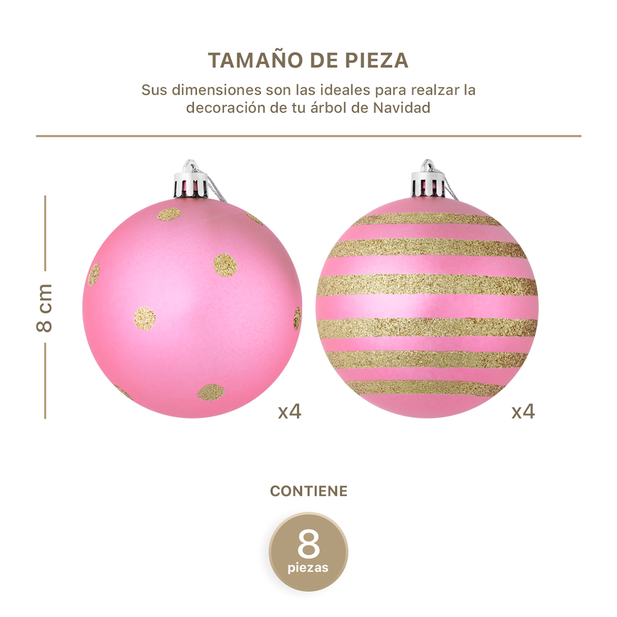 Set con 8 Esferas Decoración Navideña 8 cm Adornos para Árbol de Navidad (Rosa - Dorado) ESQUIMAL
